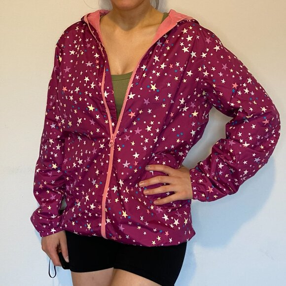 Land's End packable rain jacket - magenta star print - kids or adults - Picture 5 of 7